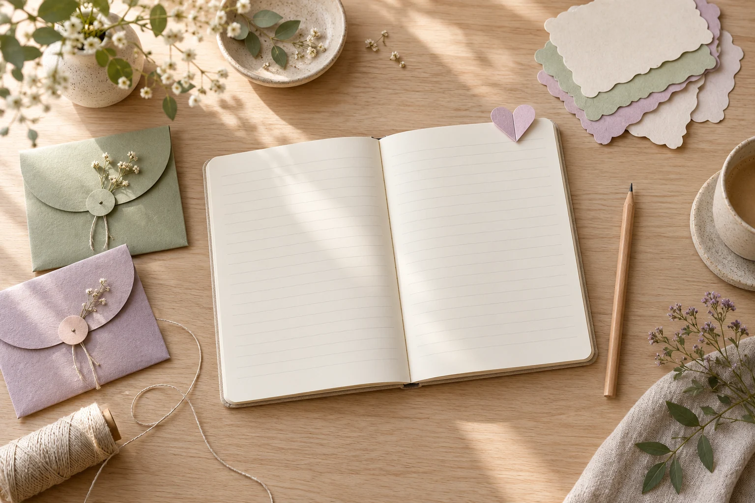 Cuaderno abierto, sobres de papel y pequeñas tarjetas sobre una mesa