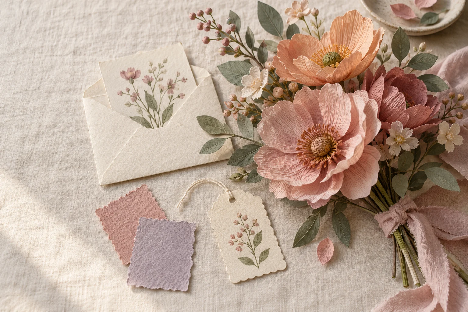 Composición de flores de papel, una tarjeta botánica y una etiqueta sobre lino